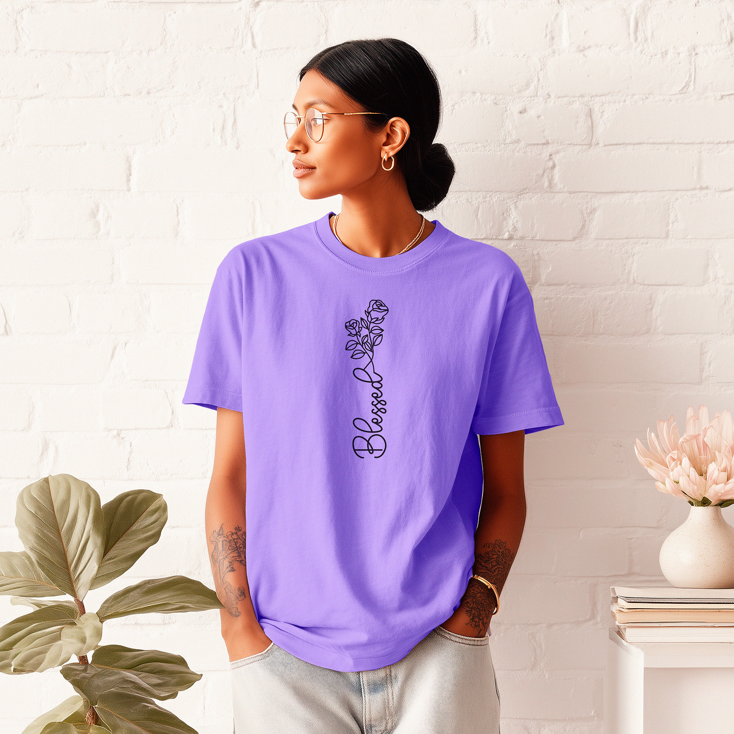 Blessed Script Rose T-shirt | Floral Line Art Tee