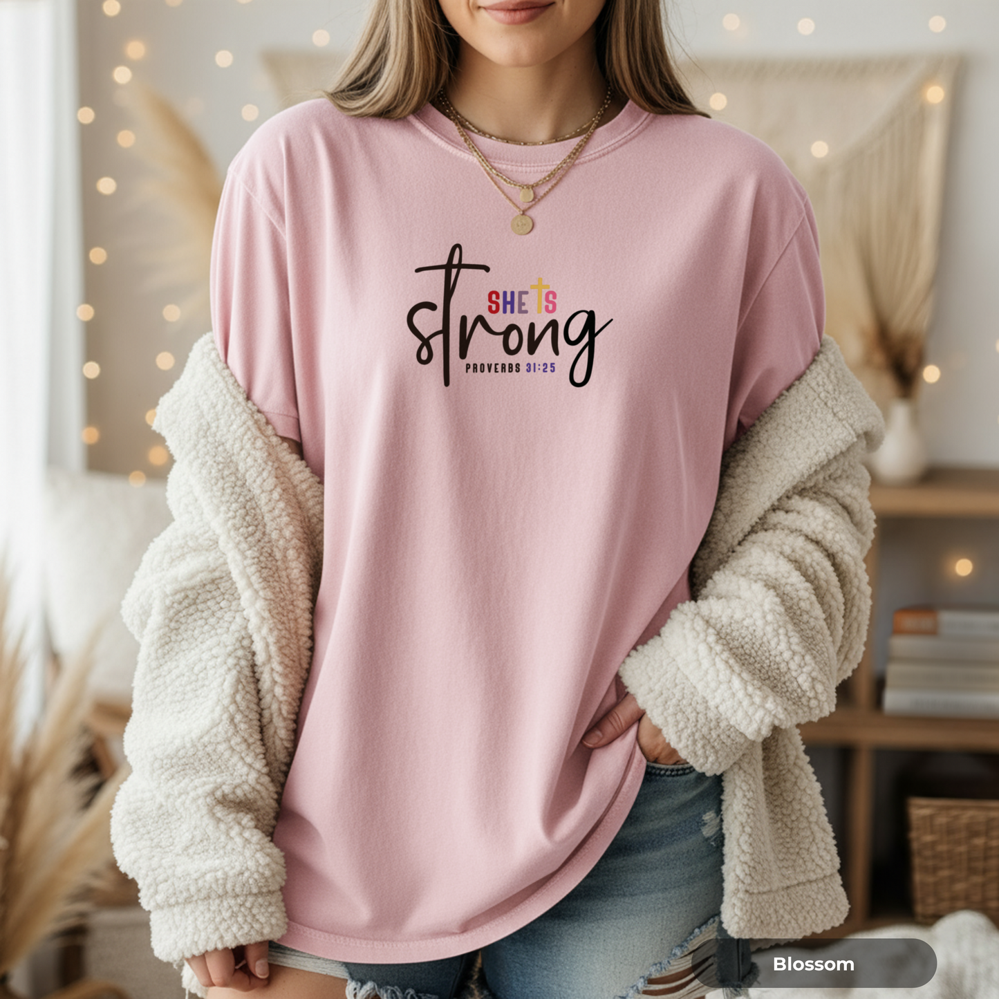 She Is Strong script typography T-shirt | Proverbs 31:25 Christian apparel