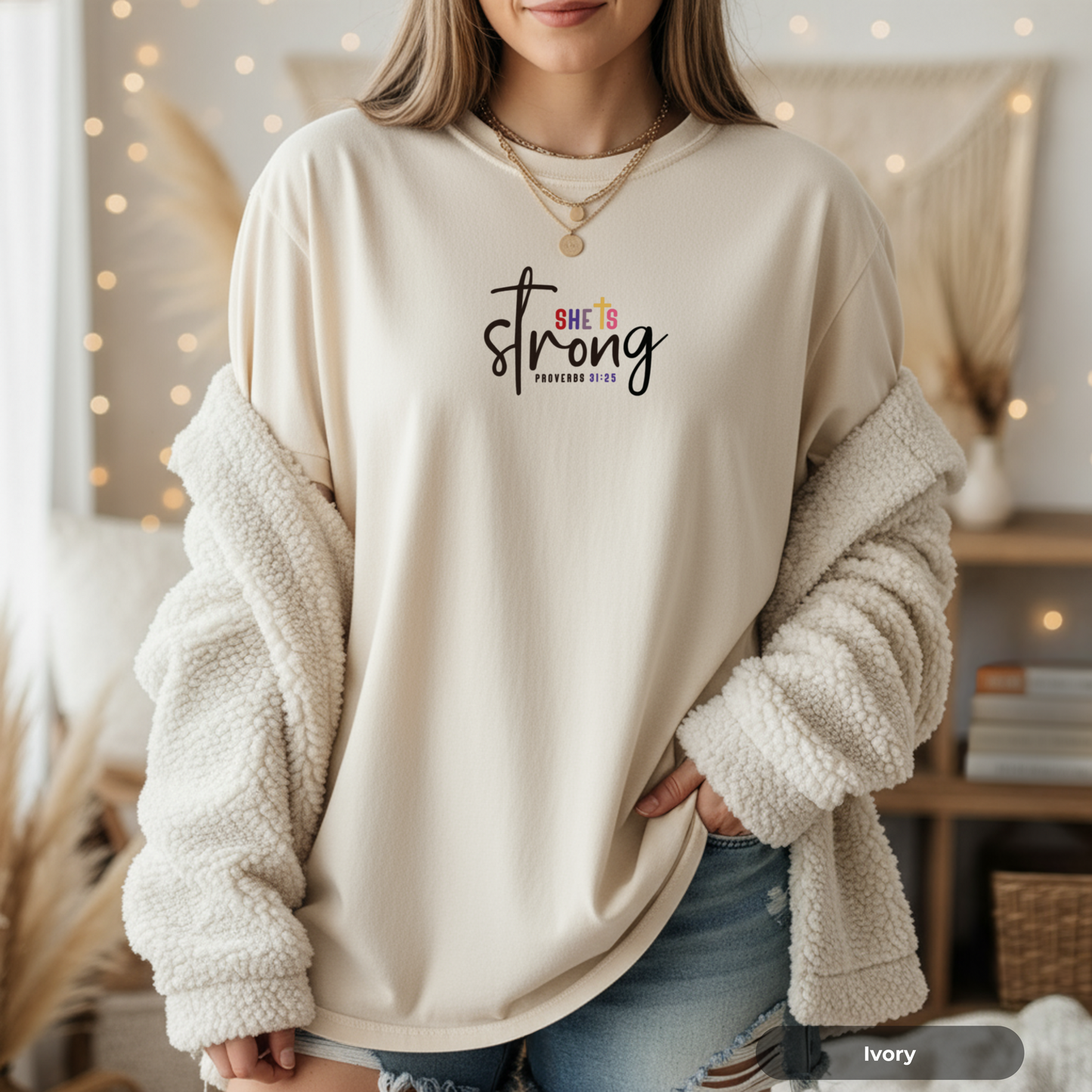 She Is Strong script typography T-shirt | Proverbs 31:25 Christian apparel
