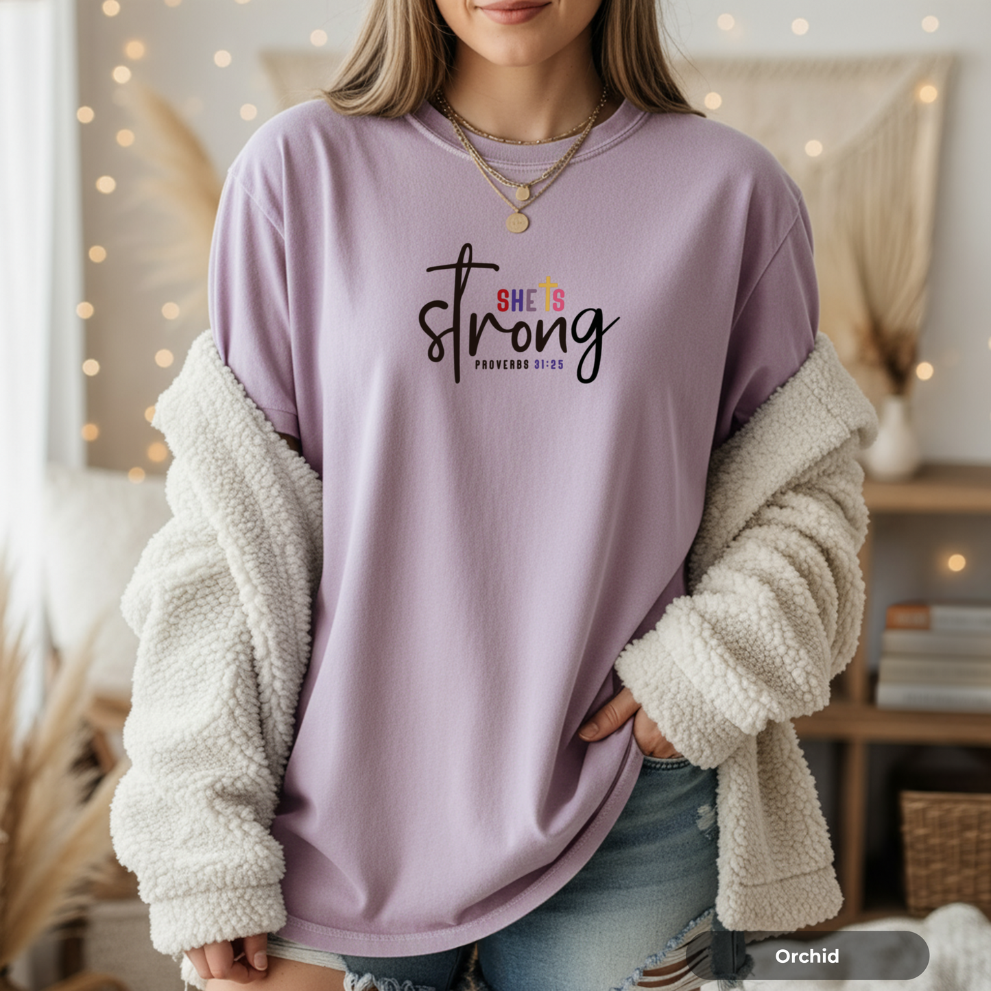 She Is Strong script typography T-shirt | Proverbs 31:25 Christian apparel