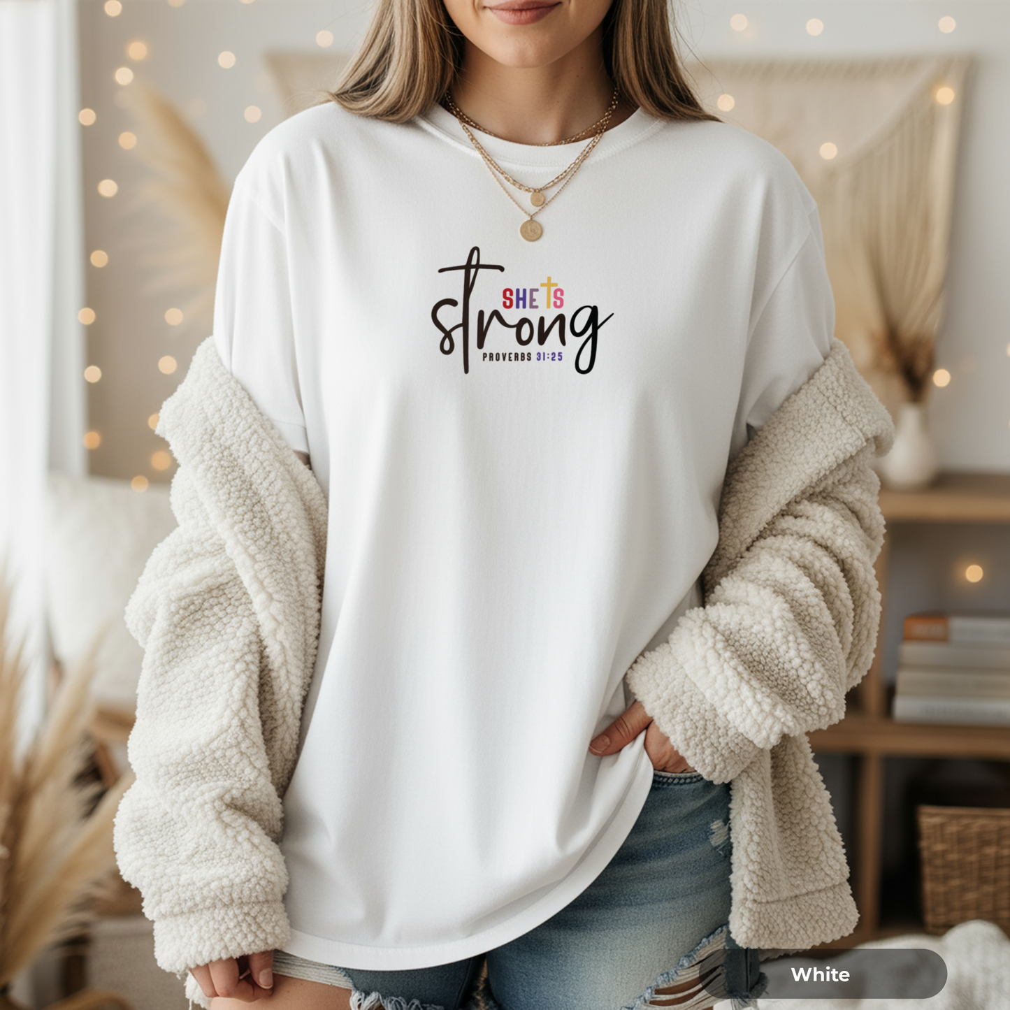 She Is Strong script typography T-shirt | Proverbs 31:25 Christian apparel