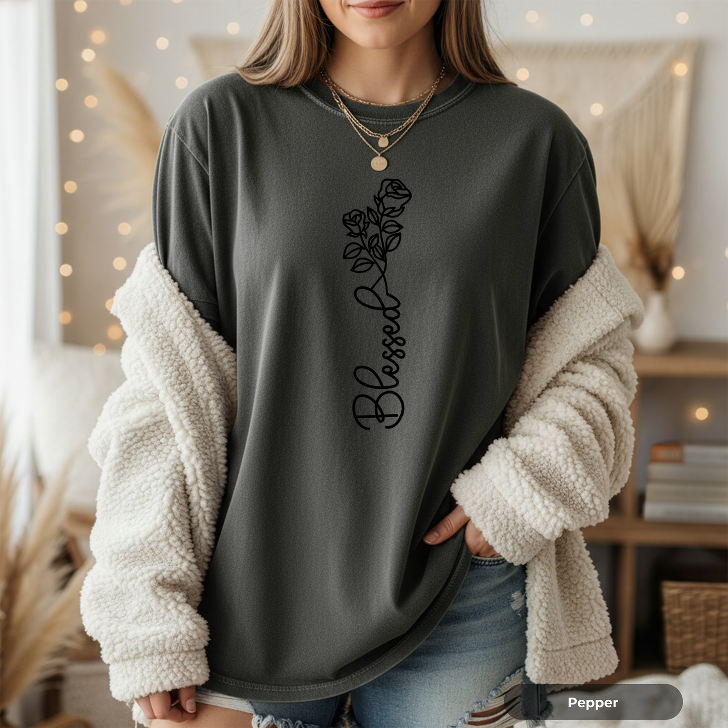 Blessed Script Rose T-shirt | Floral Line Art Tee