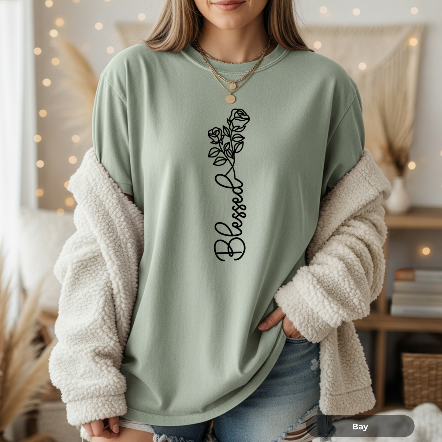 Blessed Script Rose T-shirt | Floral Line Art Tee