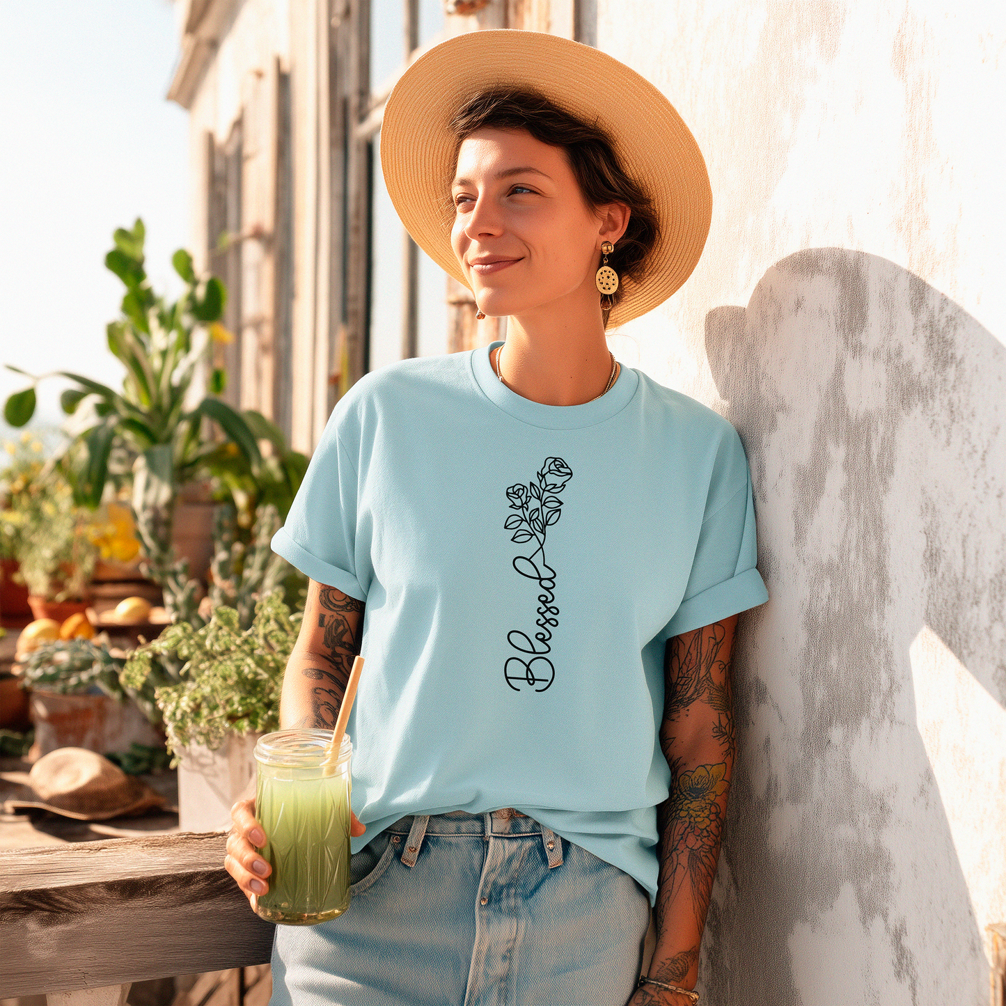 Blessed Script Rose T-shirt | Floral Line Art Tee