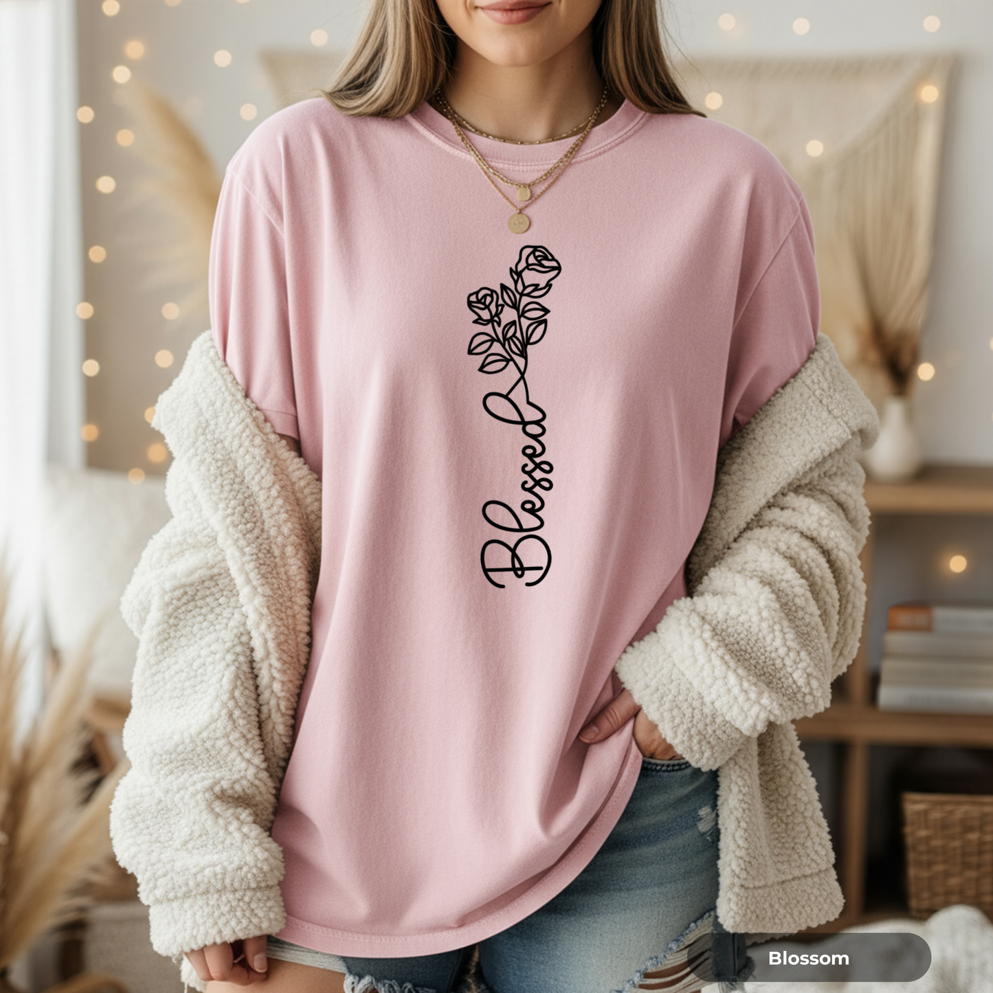 Blessed Script Rose T-shirt | Floral Line Art Tee