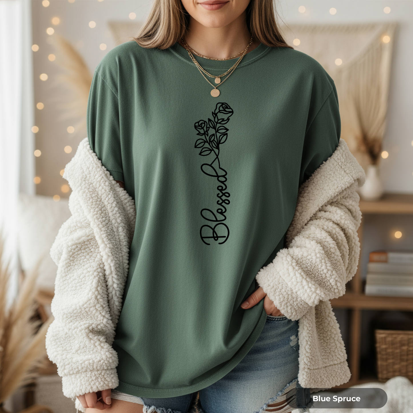 Blessed Script Rose T-shirt | Floral Line Art Tee