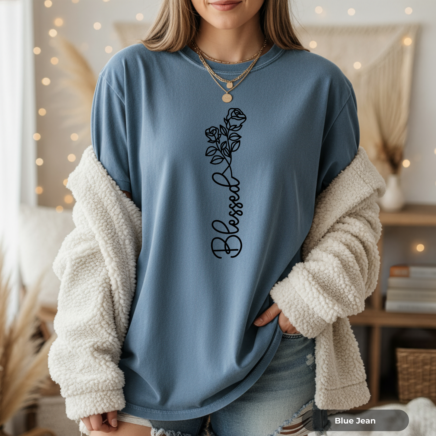 Blessed Script Rose T-shirt | Floral Line Art Tee