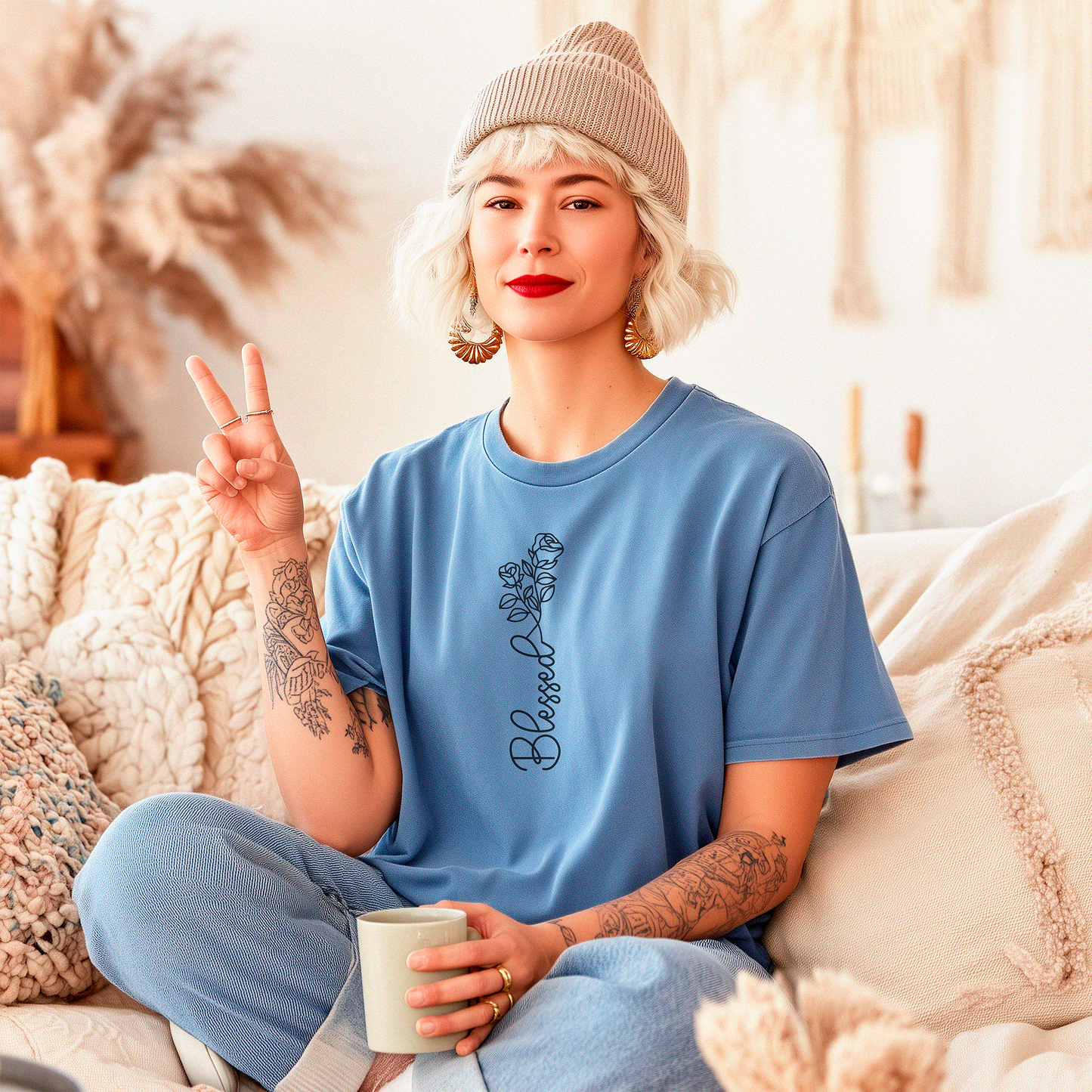 Blessed Script Rose T-shirt | Floral Line Art Tee