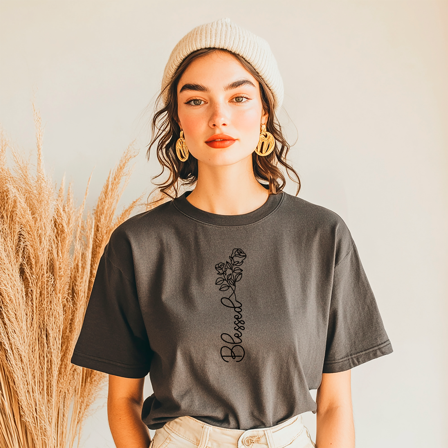 Blessed Script Rose T-shirt | Floral Line Art Tee