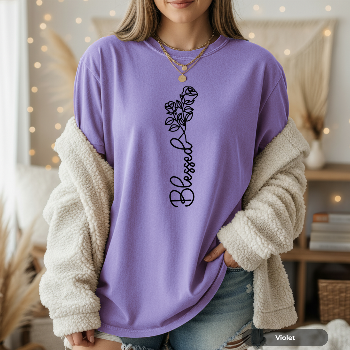 Blessed Script Rose T-shirt | Floral Line Art Tee